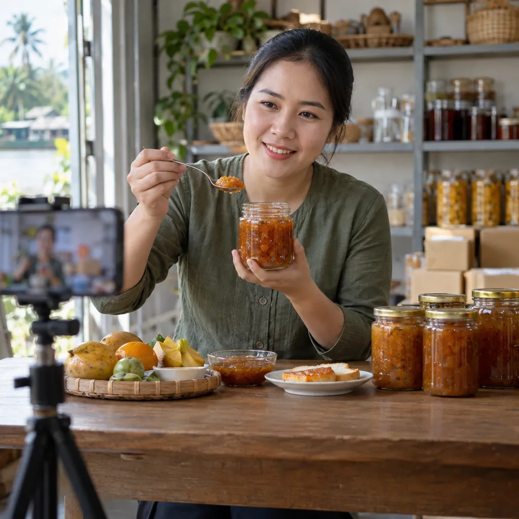 Chủ cơ sở quay video giới thiệu đặc sản và hướng dẫn khách sử dụng