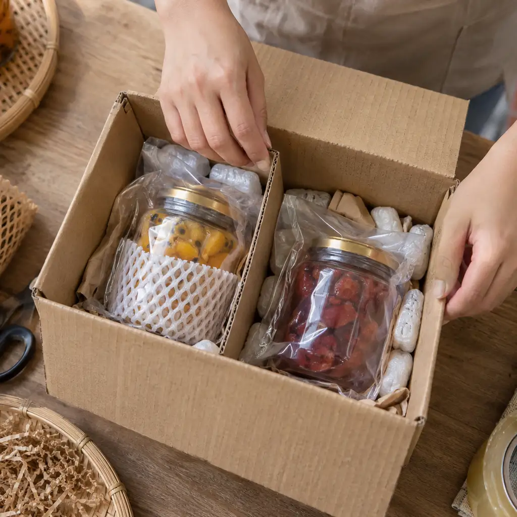 Đóng gói hũ thực phẩm bằng túi chống rò rỉ và vách ngăn carton