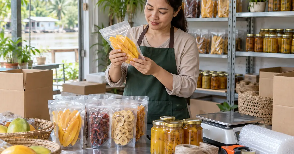 Chủ shop kiểm tra thực phẩm và vật liệu đóng gói trước khi bán trên Shopee