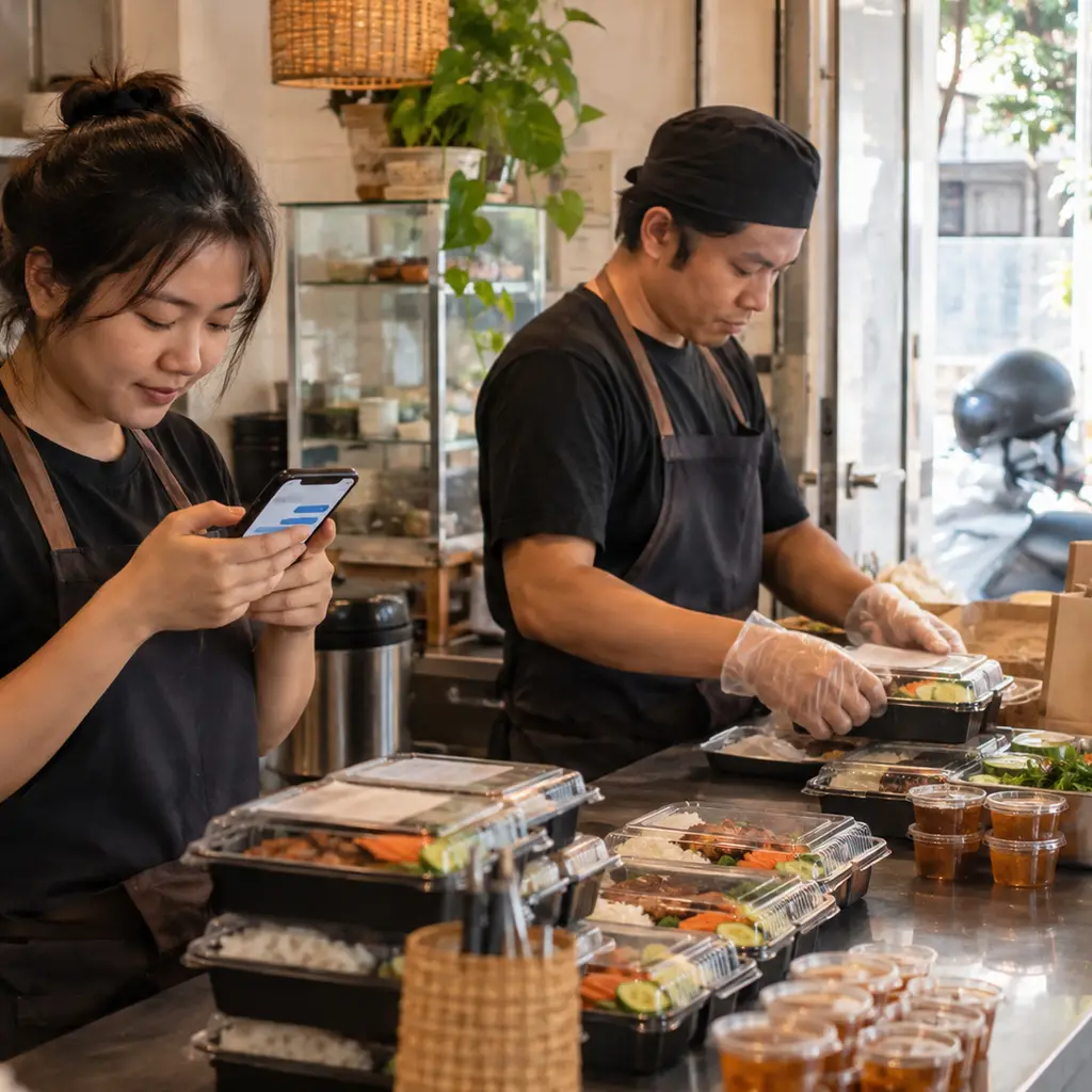 Nhân viên quán nhỏ xác nhận đơn Messenger và đóng gói đồ ăn