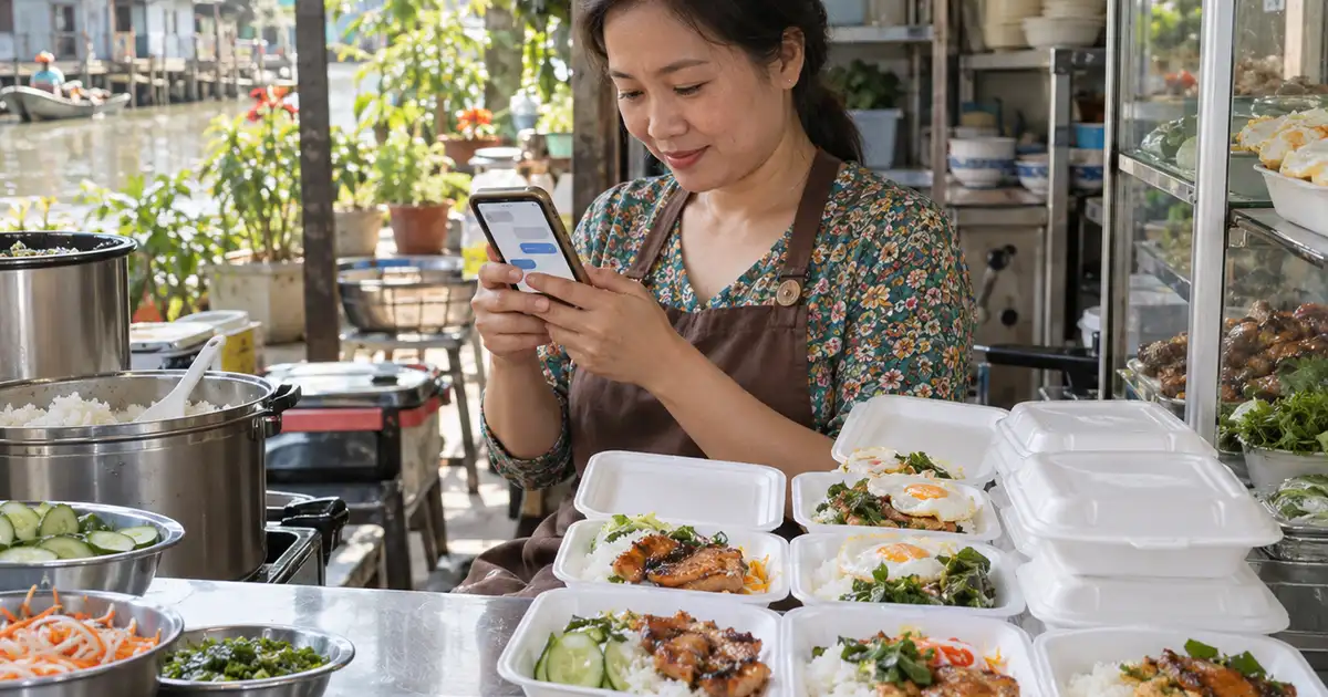 Chủ quán nhỏ chuẩn bị đồ ăn và nhận đơn Facebook qua điện thoại