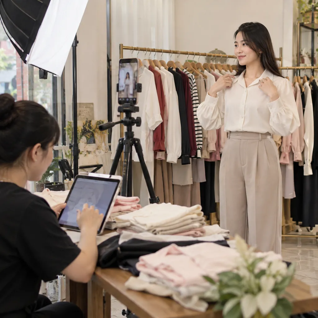 Nhân viên phối hợp livestream quần áo và quản lý sản phẩm TikTok Shop.