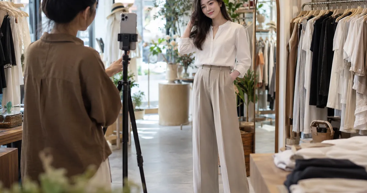 Chủ shop quay video phối đồ để bán quần áo trên TikTok Shop.