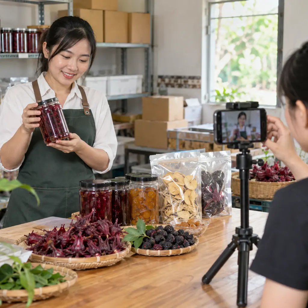 Nhân sự HTX quay video sản phẩm cho Facebook và TikTok.