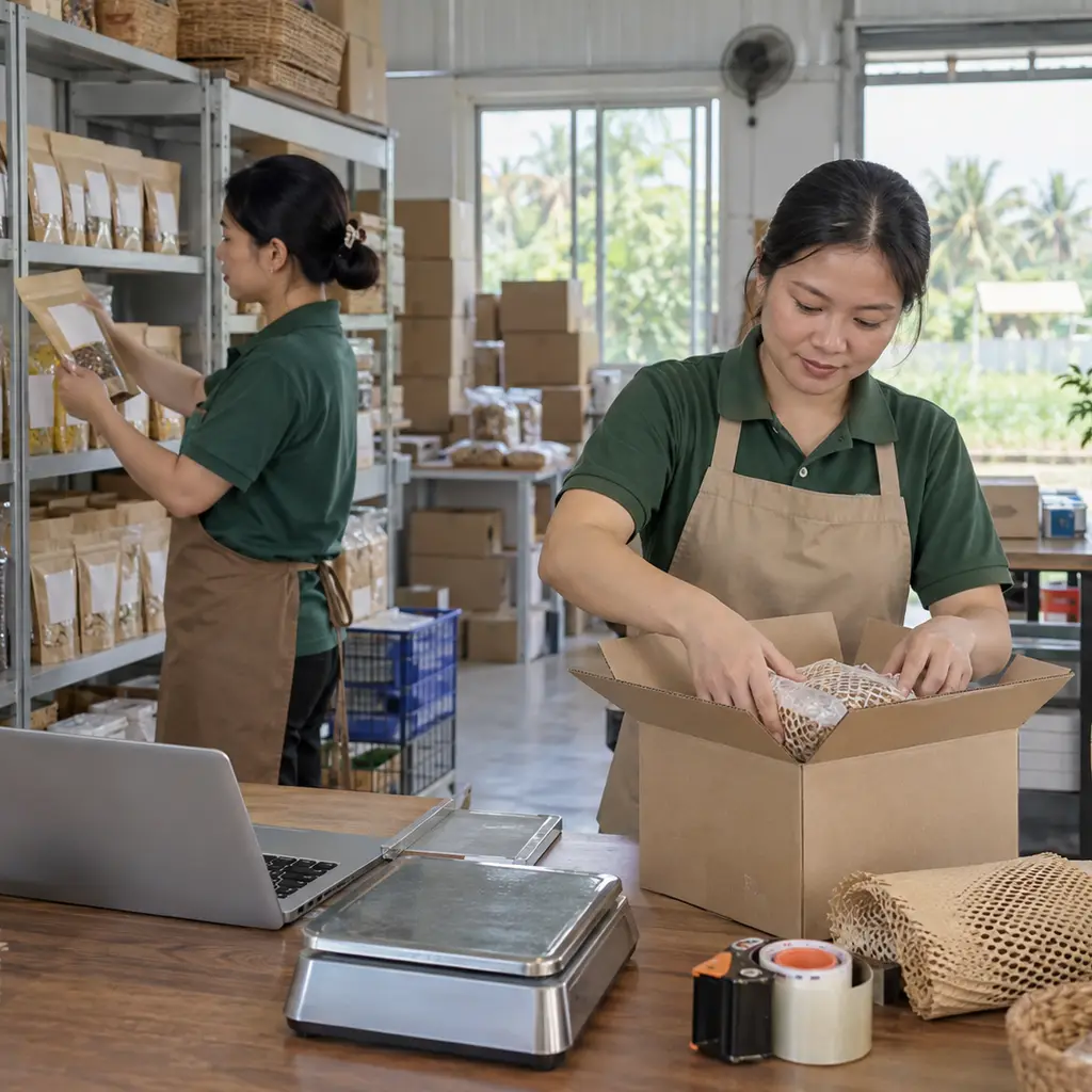 Nhân viên HTX kiểm tra tồn kho và đóng gói đơn hàng online.